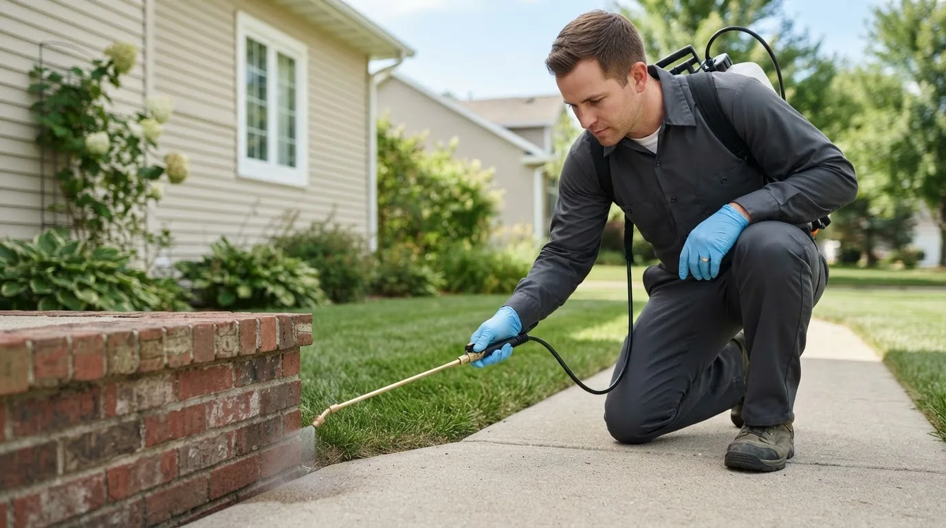 Pest control technician treating a home near Crawfordsville, IA
