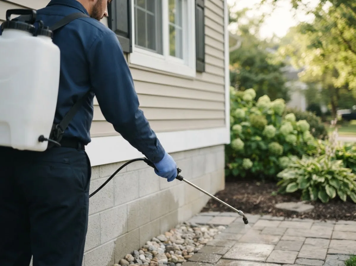 Pest control technician inspecting a home in Crawfordsville, IA